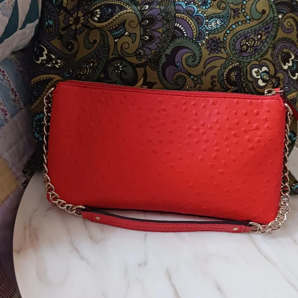 NWOT Kate Spade Red Ostrich Embossed Shoulder Bag, Gold Chain Strap - Picture 7 of 12